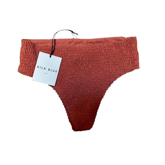 Aila Blue Bambi High Waist Bikini Bottoms Citron Orange Textured Smocked Sustain - Picture 2 of 6